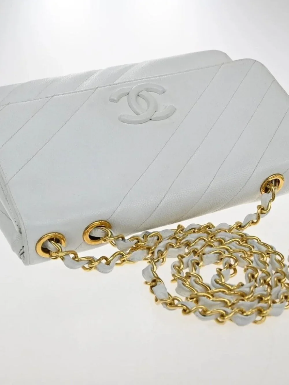 CHANEL CC Chain Shoulder Bag Grained Calfskin Leather White Vintage